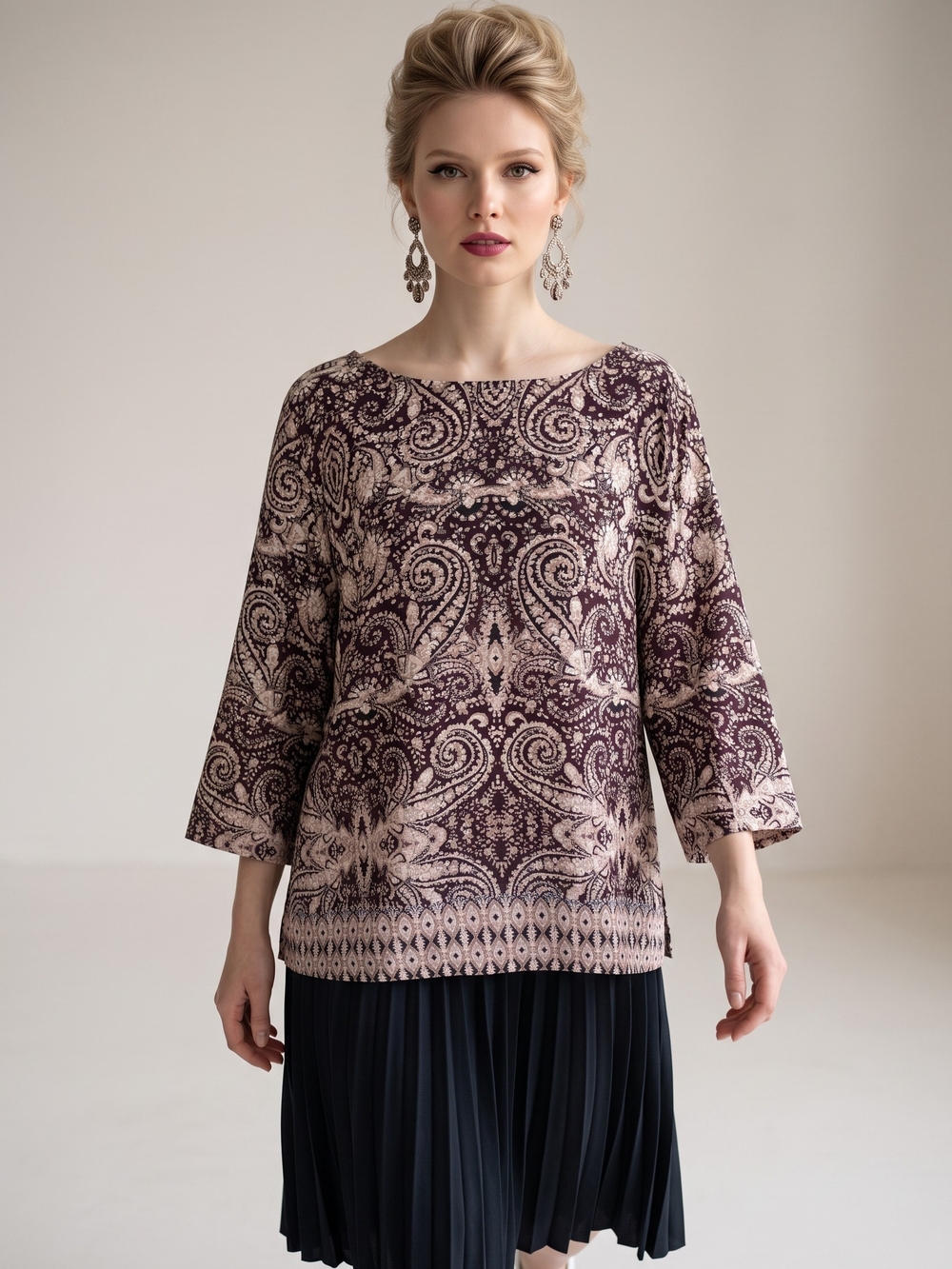 Cynthia Rowley Plum and Cream Paisley Boatneck Blouse